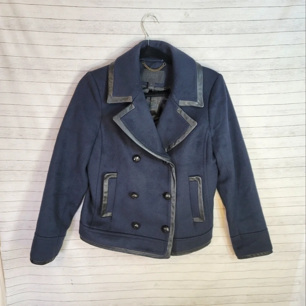 J.CREW COLLECTION NAVY WOOL & BLACK LEATHER TRIM PEACOAT, SZ 6 - Picture 2 of 14